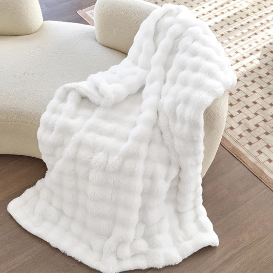 Faux Fur White Throw Blanket for Couch - Super Soft Heavy Flufyy Thick Bubble Throw Blankets for Bed Bedroom Living Room Farmhouse Sofa Chair Fall Winter Warm, 50x60 Inch