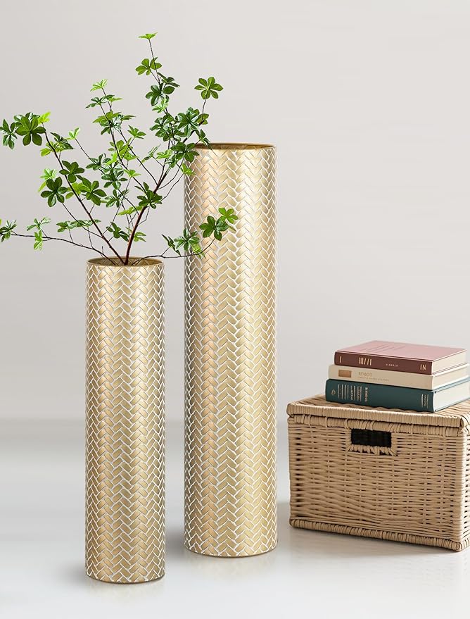 Sziqiqi Tall Gold Floor Vase: Set of 2 Woven Texture Metal Cylinder Vases Extra Large Decorative Standing Vase - 27.6/21.7in Vintage Vases Home Decor for Living Room Bedroom Home Corner Indoor Office