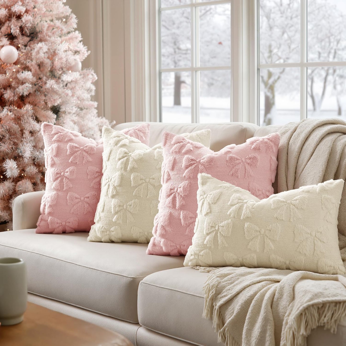 MIULEE Light Pink Bow Pillow Covers Coquette Room Decor Aesthetic Set of 2 Decorative Cute Girl Christmas Throw Pillow Soft Plush Faux Pillowcase for Girl Bed Couch Sofa,16x16 Inch