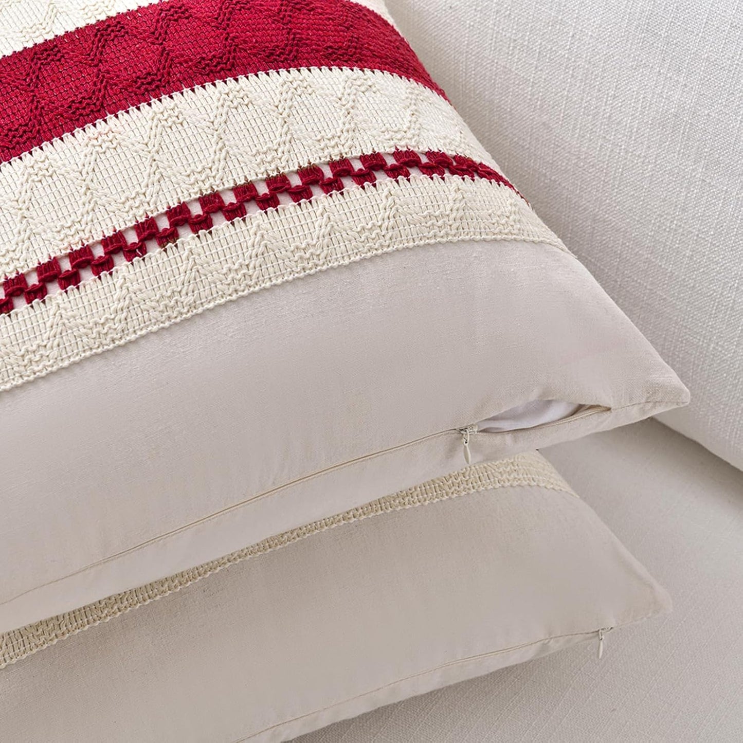 Fancy Homi Set of 2 Boho Red Decorative Throw Pillow Cover 20x20 Inch for Couch Bed Sofa, Aesthetic Modern Organic Farmhouse Home Decor, Soft Cotton Cute Accent Macrame Woven Cushion Case