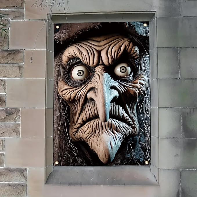 Scary Witch Window Cover Halloween Decoration Window Poster Realistic Creepy Face Haunted House Outdoor Indoor Horror decor for Door Party Supplies Spooky Scene Prop 47x31 Inch