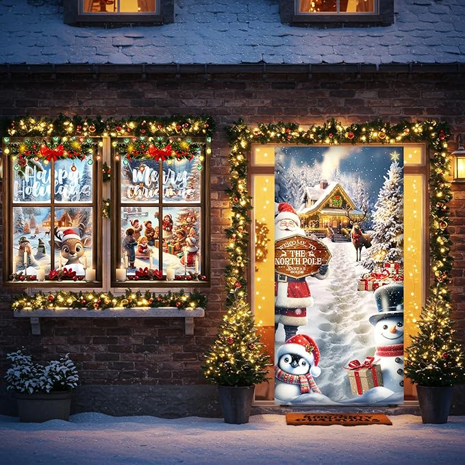 Tioncy 3 Pcs Merry Christmas Door Decorations Set 71" x 35" Christmas Door Cover 47" x 32" Window Cover Santa Claus Snowman Winter Reindeer Pattern Porch Banner Indoor Outdoor Themed Decoration