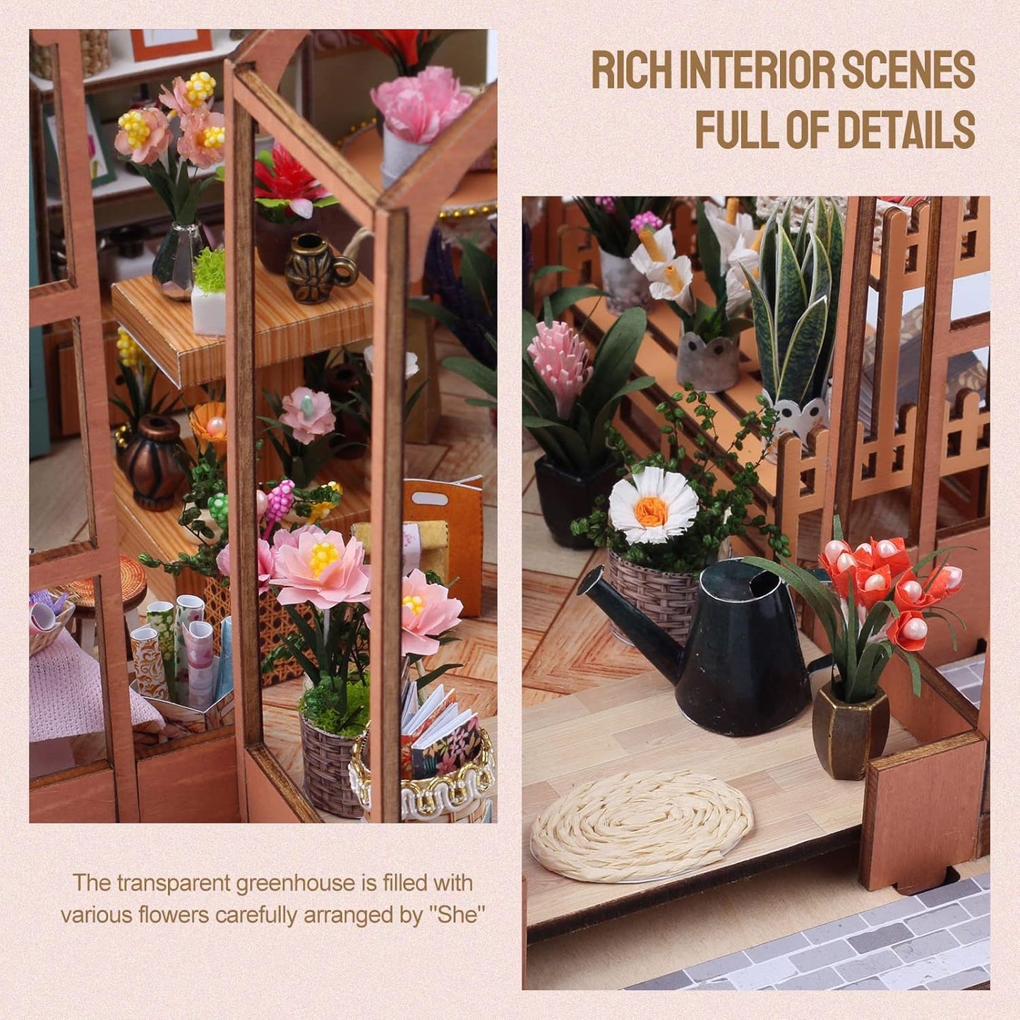 DIY Miniature Dollhouse Greenhouse Building Room Kit, Wooden Diorama Book Nook House Crafts for Adults, 1:24 Scale Miniature Street Tiny Library House Making