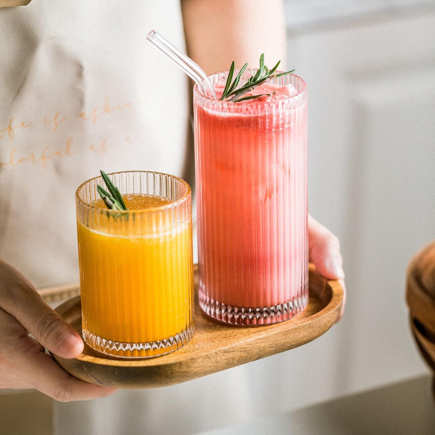 Drinking Glasses with Origami Style Set of 4 Glass Cups, 9oz Ribbed Glassware, Art Deco Drinking Glass, Elegant Ripple Vintage Glassware, Ideal for Cocktail, Whiskey, Soda, Juice