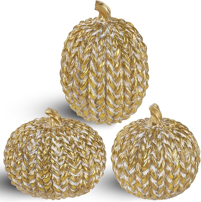 winemana Fall Decorations for Home Set of 3, Gold & White Resin Pumpkin Decor with Woven Design - Thanksgiving Table Centerpiece, Mantel, Indoor & Outdoor Farmhouse Autumn Décor