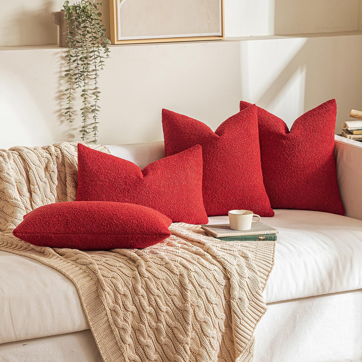 MIULEE 22x22 Inch Christmas Decorative Euro Sham Throw Pillows for Bed Set of 2 Textured Boucle Neutral Winter Throw Pillow Covers Red Accent Solid Euro Couch Pillowcases Sofa Livingroom Home Decor