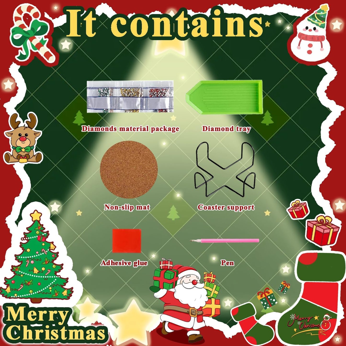 Leatrice 6PCS Christmas Diamond Art Coasters Small Diamond Painting Kits for Adults Diamond Dots Full Drill Diamond Painting Coasters with Holder Easy Art Crafts for Beginners Party