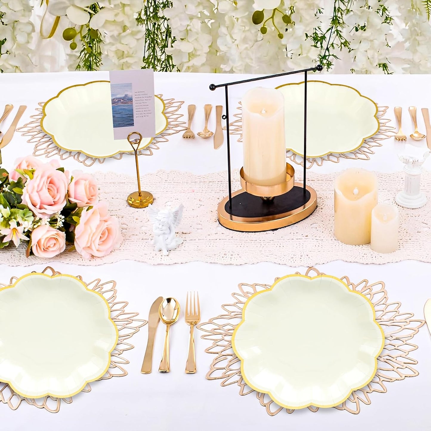 Beige Party Plates Cream Dessert Paper Plates 7inch Gold Foil Scalloped Edge Disposable Cake Plates for Tea Party Birthday Bridal Baby Shower Wedding Party Supplies (24, Beige)