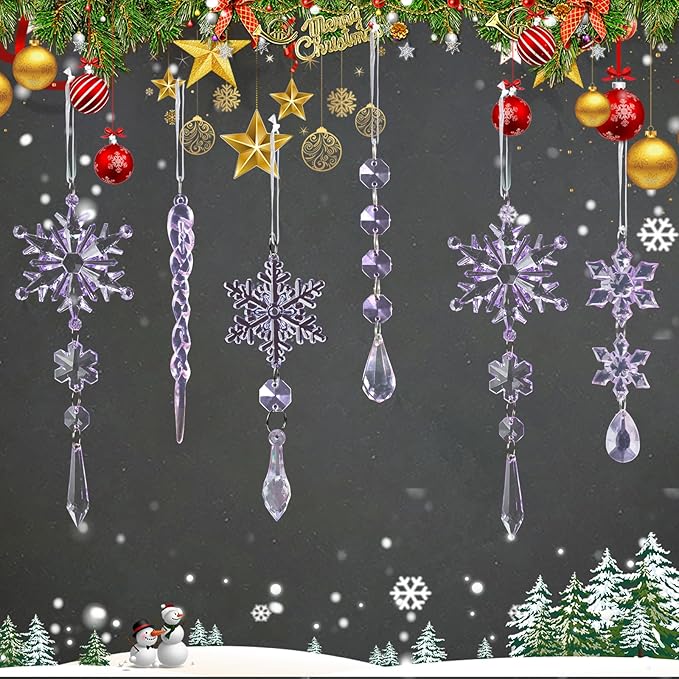 18pcs Crystal Christmas Ornaments for Christmas Tree Decorations-Purple Hanging Acrylic Snowflake and Icicle Ornaments with Drop Pendants for New Year Party Decorations Supplies