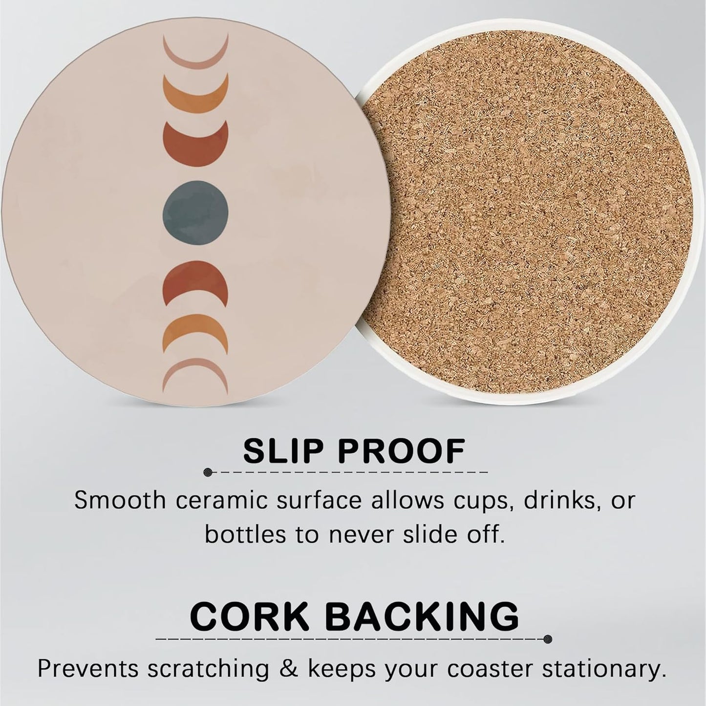 Drink Coasters for Drinks Set of 6, Boho Art Absorbent Round Ceramic Stone Mat Coaster, with Cork Base and Metal Holder, Home Bar Decor House Warming Gift