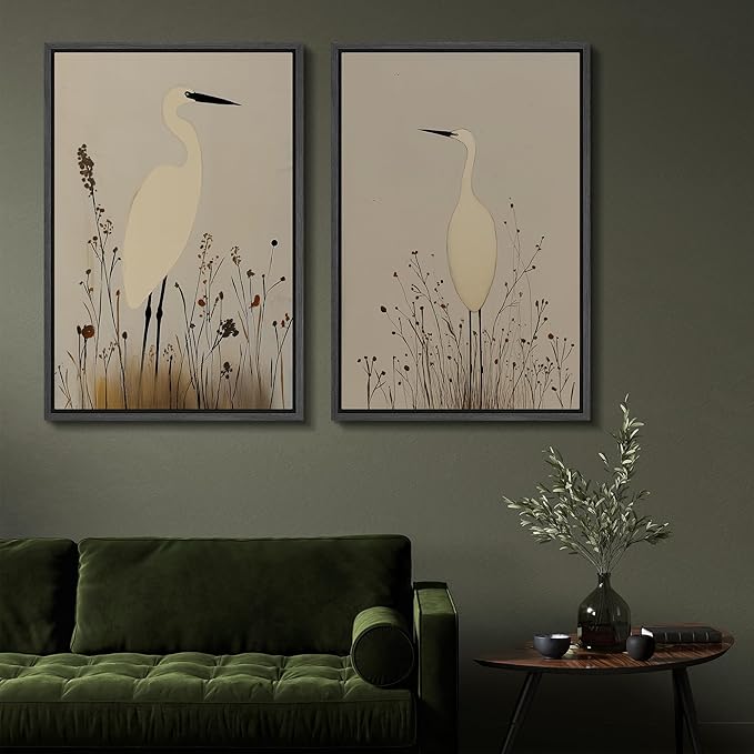 SIGNFORD Framed Canvas Print Wall Art Set Minimalist Heron Art Simplified Shapes in Neutral Tones Illustration Modern Art Decorative Nordic Nature for Living Room, Bedroom, Office - 24"x36"x2 Black