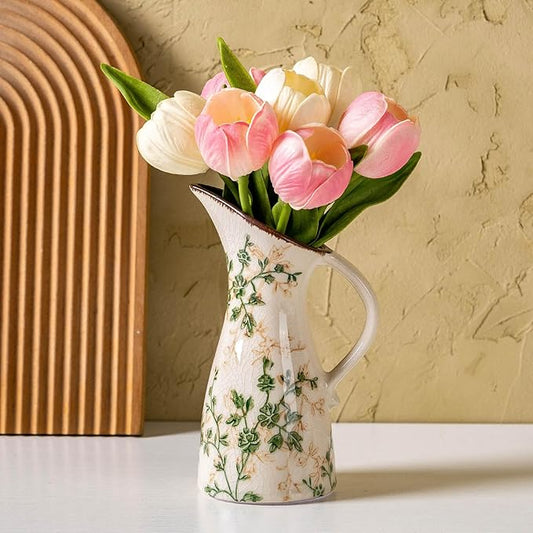 Green and Beige Pitcher Vase, Handcrafted Pastoral Ceramic Floral Vase, Vintage Farmhouse Flower Vase for Home Decor, Chinoiserie Tuscan Cottage Core Decor, Rustic Table Centerpiece 7.3 in