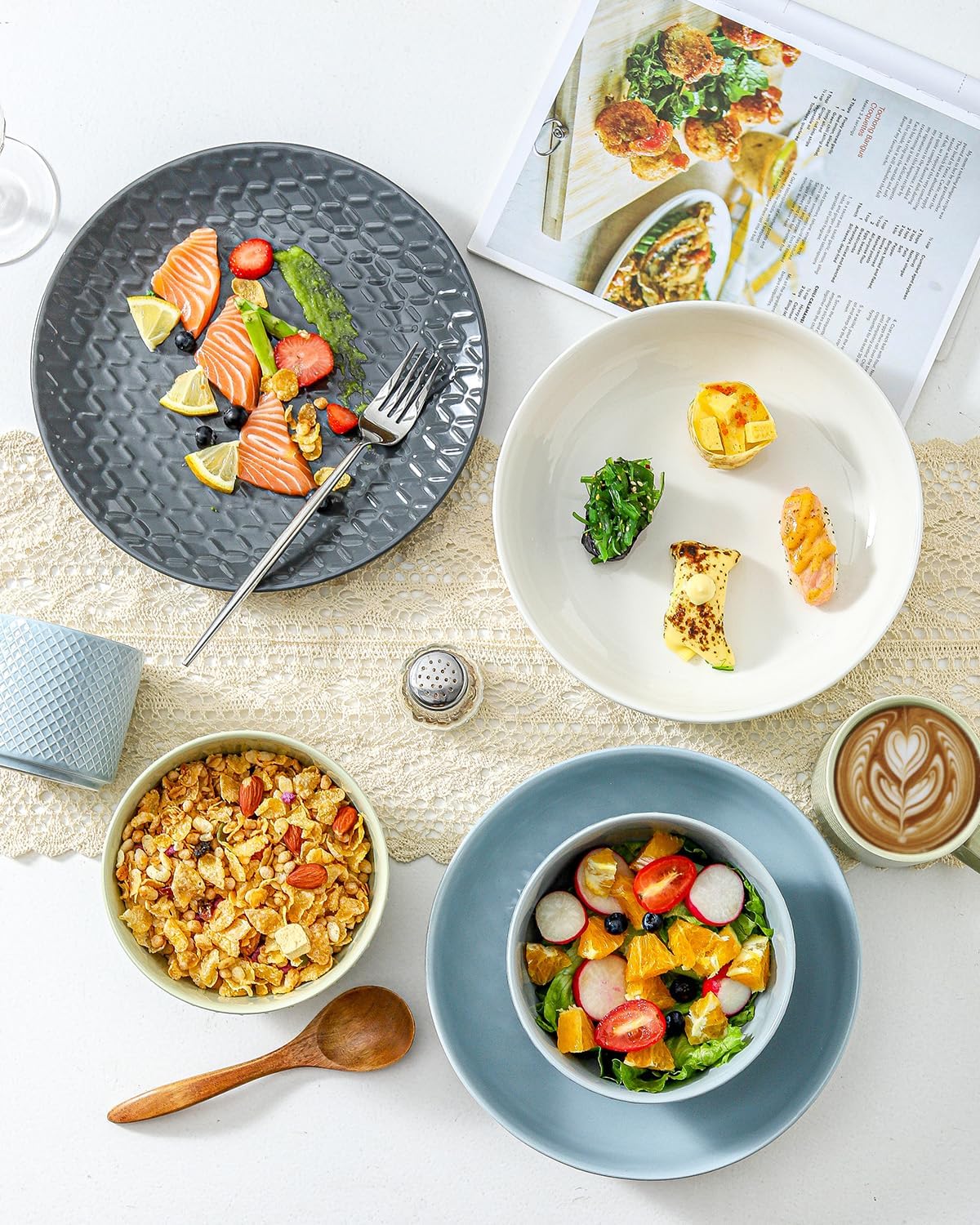 Hasense Dinner Plates, 10 Inch Ceramic Dishes Set of 4 for Kitchen, Embossed Porcelain Plates for Restaurant, Microwave Oven and Dishwasher Safe, Colorful