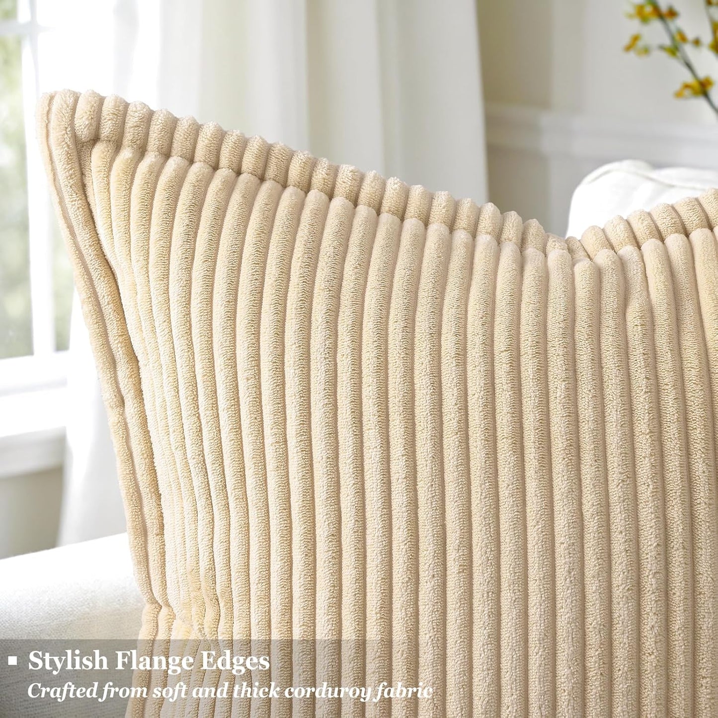 decorUhome Corduroy Beige Throw Pillow Covers 22x22 Set of 2 Decorative Soft Boho Farmhouse Euro Couch Pillow Covers for Living Room Bed Sofa Broadside Striped Pillow Cases