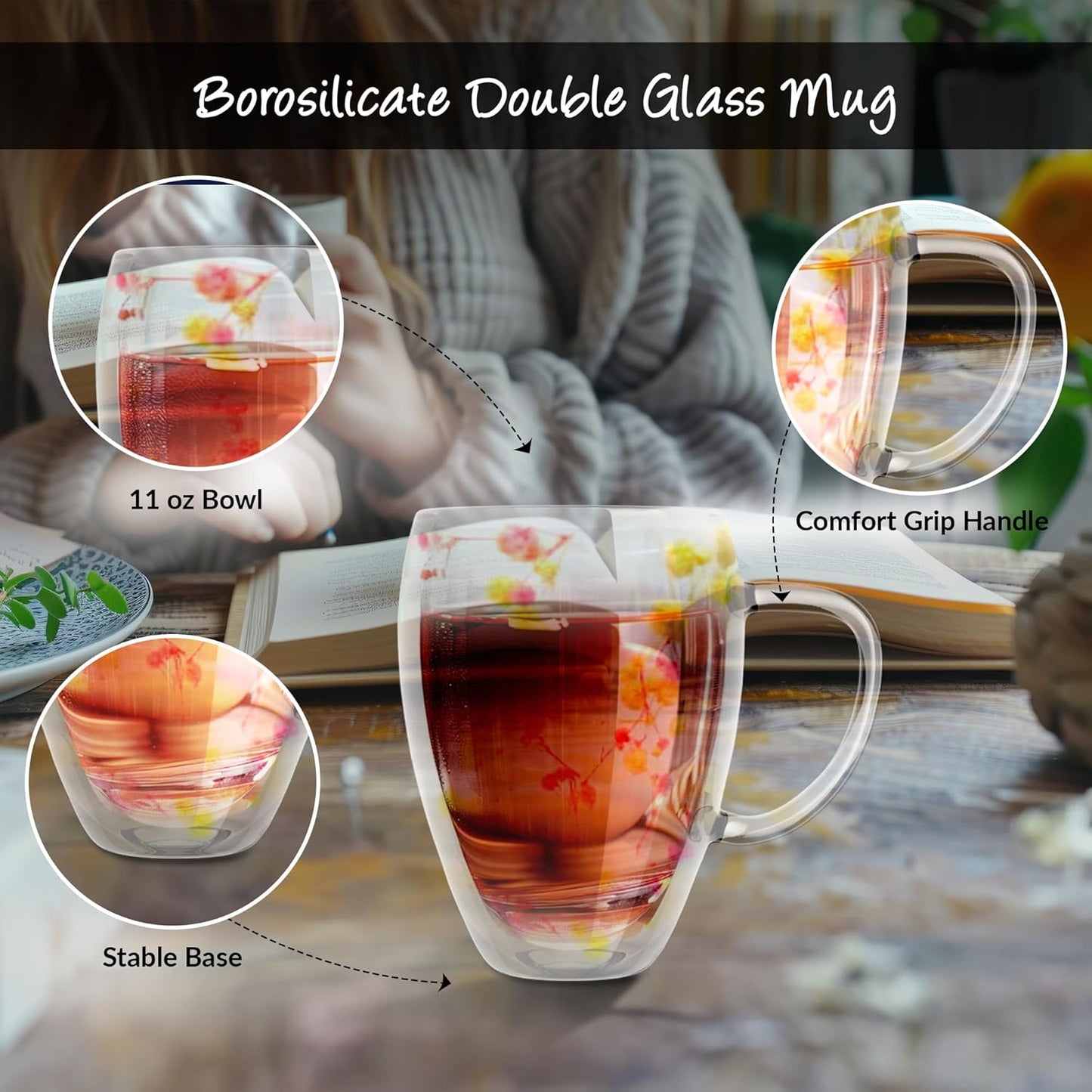 Gusto Buono 11oz Borosilicate Double Glass Mug, 2x Pink White and 2x Purple Dried Flowers, Set of 4, Designed in Italy