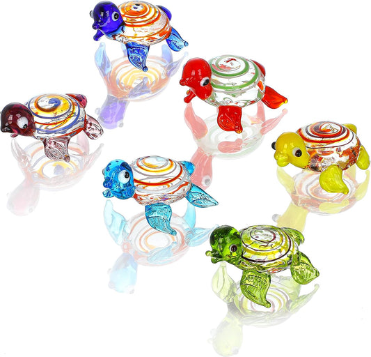 HDCRYSTALGIFTS Set of 6 Handmade Mini Sea Turtle Figurines Hand Blown Sea Animal Collectibles Ornament Art Glass Miniature Decor