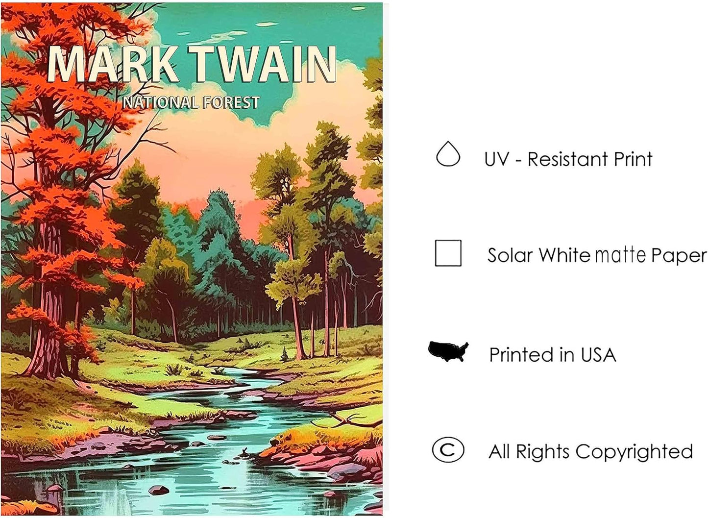 Mark Twain National Forest Poster Art Print Retro Mountain Wall Art Poster Vintage Decor Nature Recreation Wilderness Wildlife Decoration, Outdoor Adventure Scenic Beauty Artwork. (Mark Twain National