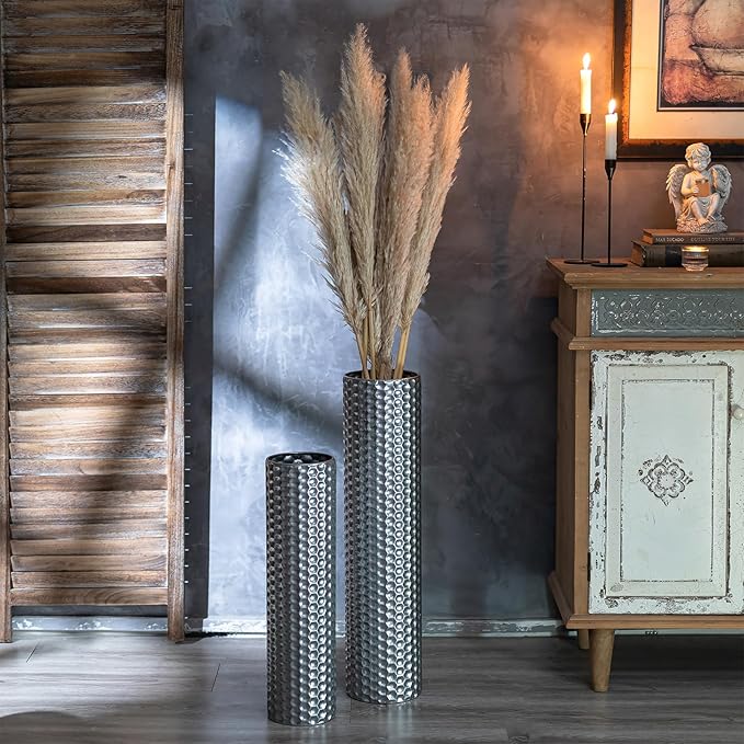 Sziqiqi Silver Tall Floor Vase: 27.6/21.7in Metal Cylinder Vases Extra Large Decorative Vase Set of 2 Living Room Modern Honeycomb Texture Big Standing Decor for Dining Bedroom Home Corner Indoor