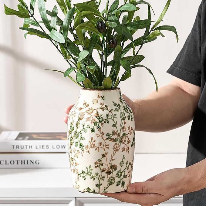 SIDUCAL Ceramic Green and Beige Antique Vase, 7 Inch Retro Ice Cracked Chinoiserie Floral Vase, Rustic Farmhouse Vases for Home Decor, Bookshelf, Office, Garden, Chinoiserie Decor, Tuscan Decor