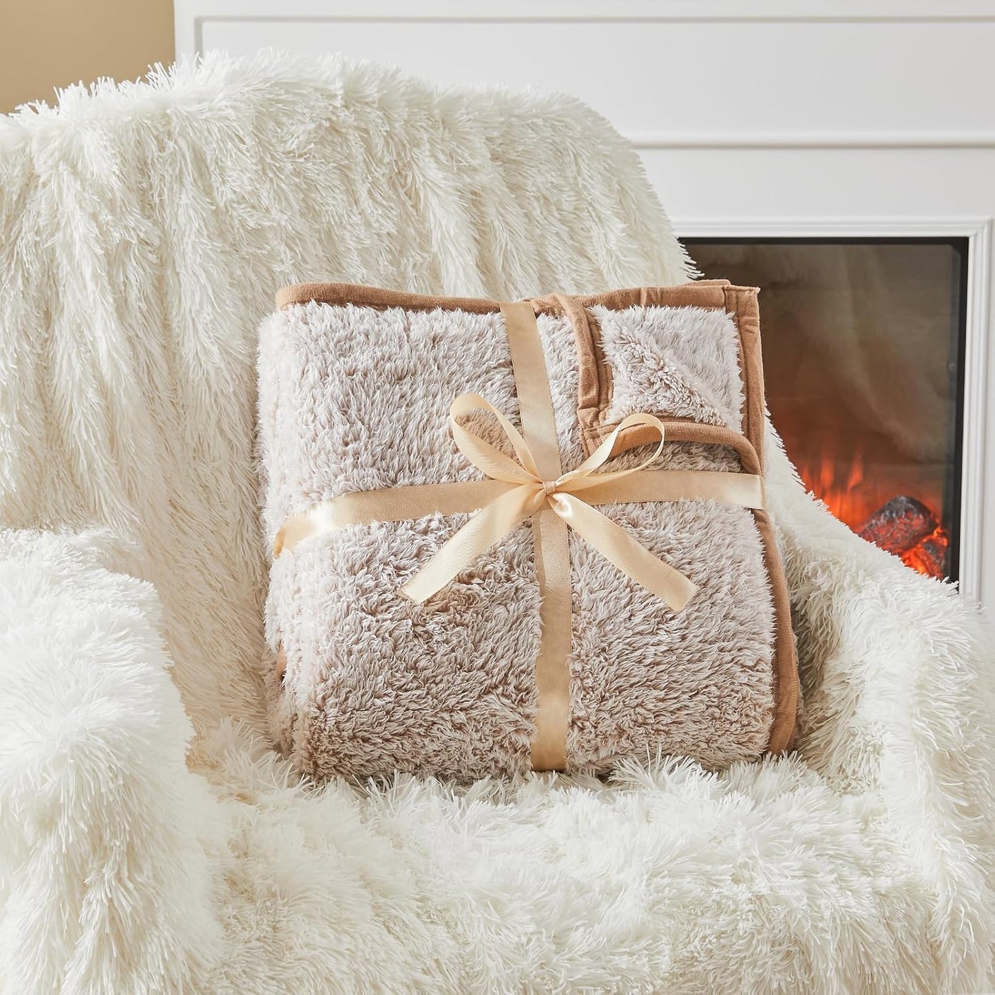 EMME Soft Sherpa Fleece Blanket Reversible Plush Fluffy Large Blanket, Light Weight Warm Decorative Boho Blanket Cover for Sofa, Couch, Bedroom,Travel(Plush Khaki,60"x80")