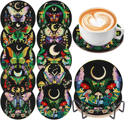 EWJRNSF 10 PCS Diamond Art Coasters Kit, Small Diamond Painting Coasters, Fall Diamond Art Kits for Adults Beginners, Arts and Crafts Supplies Item Sets with Holder Butterfly