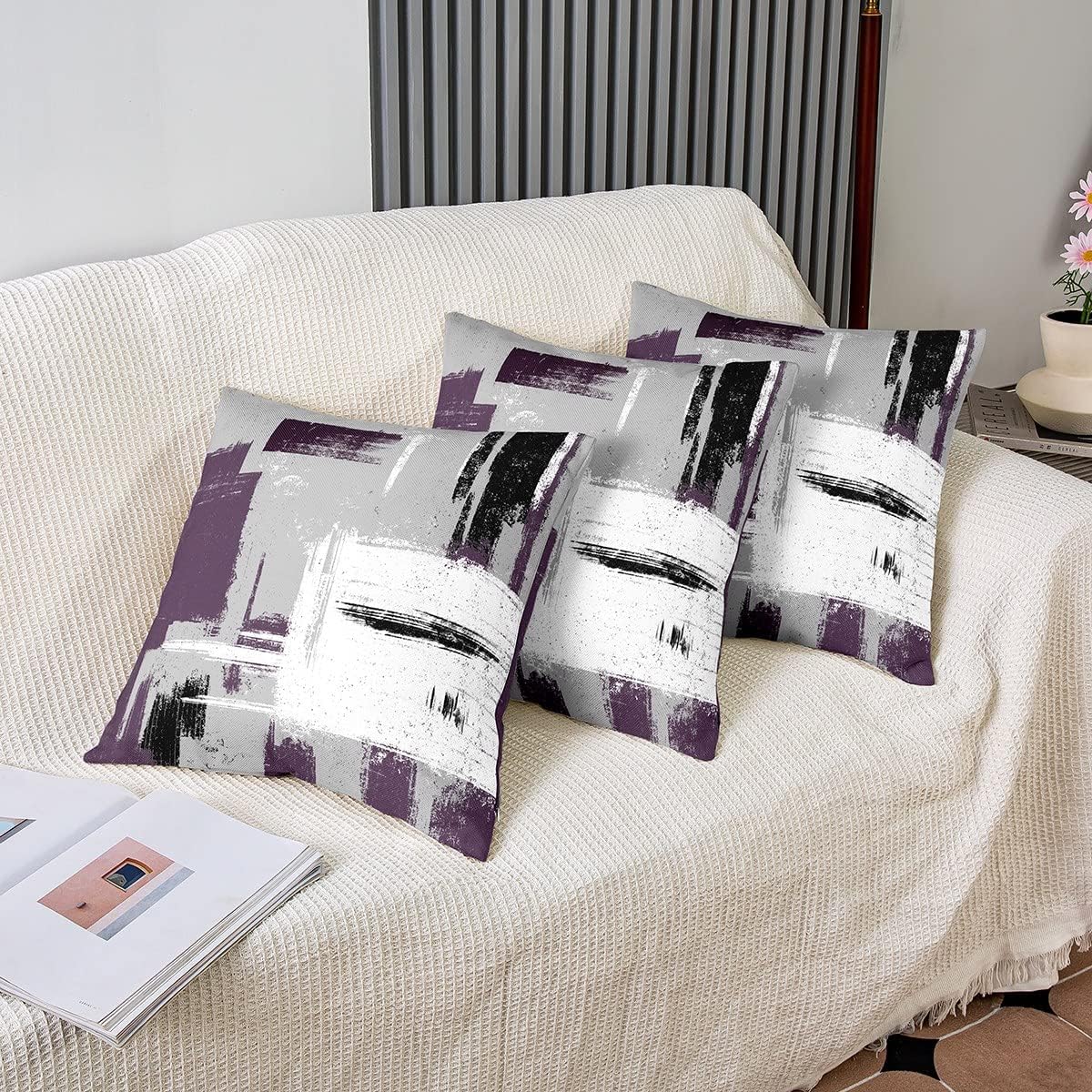 Feelyou Abstract Throw Pillow Covers for Couch Sofa Bed, Set of 2 Modern Abstract Art Decorative Pillows Cushion Covers, Purple Grey White Pillow Inserts Not Included, 24x24 inch