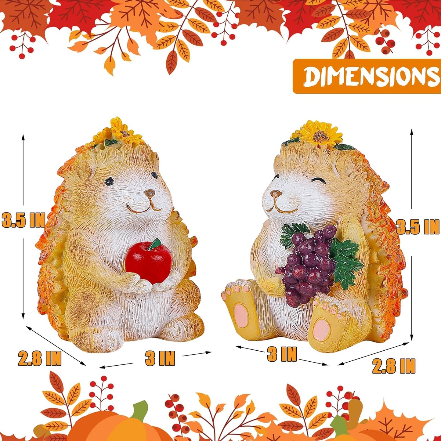 Lulu Home Fall Decorations for Home, 2 Packs Harvest Hedgehog Resin Sculpture with Maple Leaves & Fruits, Autumn Tabletop Ornaments Craft Decor for Thanksgiving and Fall Season