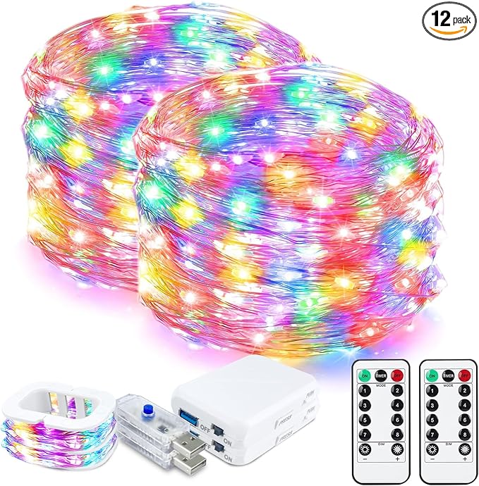 ZGWJ USB Fairy Lights Battery Powered Dual Power with Remote Timer, 2 Pack 50 LED 16FT Twinkle String Lights 8 Modes Waterproof for Bedroom,Halloween,Christmas,Parties Wedding Decoration Multicolor