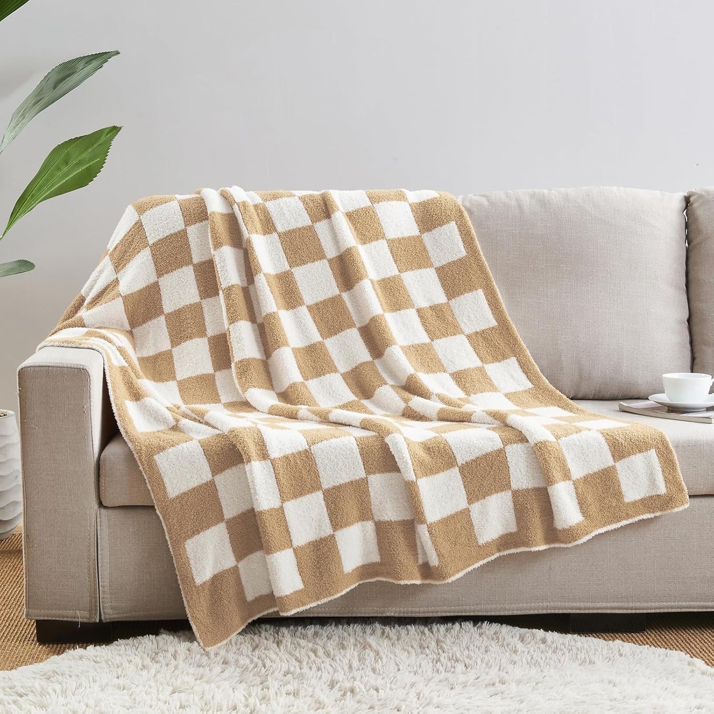 CozeCube Super Soft Fullfy Microfiber Reversible Knitted Blankets, Warm Cozy Fuzzy Plush Throw, Beige and White Checkered Throw Blanket for Couch Bed Sofa, 60" x 80"