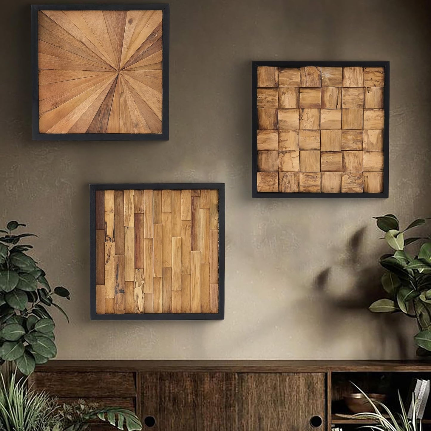 Greenage Natural Teak Wood Wall Decor 17"x17" Rustic Farmhouse Sunrise Pattern Wall Art Hanging Decoration Textured Wooden Frame Wall Panel for Home Living Room Bedroom Meeting Room