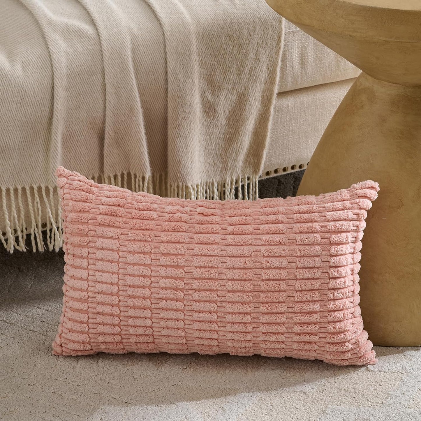 Fancy Homi 4 Packs Blush Pink Boho Lumbar Decorative Throw Pillow Covers 12x20 Inch for Couch Bed Sofa, Soft Striped Corduroy Rectangle Light Pink Coral Peach Cream Accent Cushion Case 30x50 cm