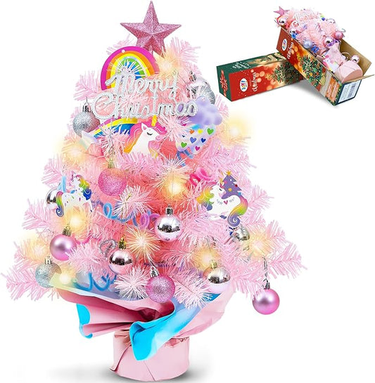 2FT Pink Mini Christmas Tree with Unicorn Theme - 24 Inch Tabletop Artificial Tree with Warm LED Lights, Star Topper, DIY Ornaments, Small Xmas Tree Holiday Decoration for Kids, Family, Home, Office