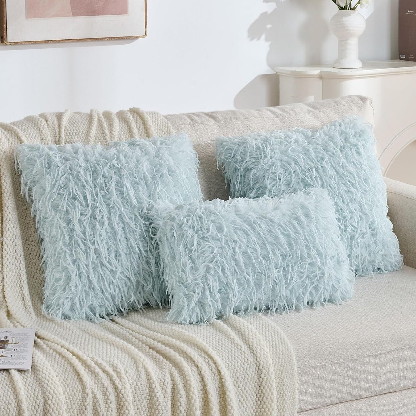 FUTEI Light Blue Decorative Throw Pillow Covers 26x26 Inch Set of 2,Soft Fluffy Faux Feather Texture Euro Pillow Shams,Modern Home Luxury Decor for Couch Bed Living Room