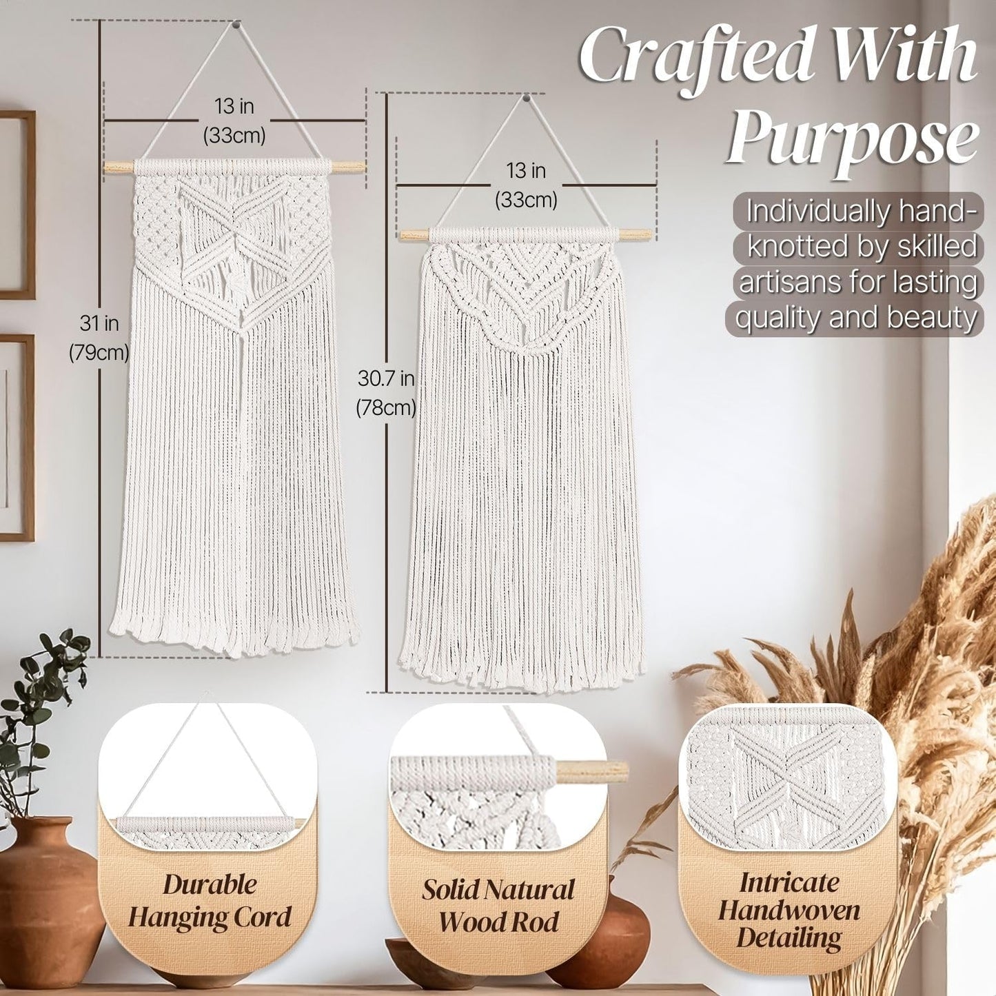 Flexzion 2 Pack Macrame Wall Decor Hanging Boho Hand Woven Tapestry Art Bunting Banner Bohemian Wall Decor for Home Bedroom Living Room Curtain Rustic Garland Baby Nursery, 30 Inch Cream White Cotton