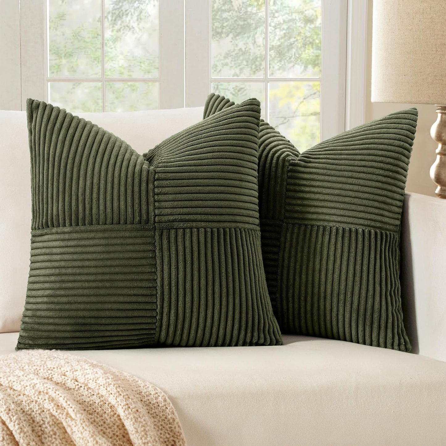 MIULEE 24x24 inch Euro Olive Green Corduroy Pillow Covers Pack of 2 Boho Decorative Spliced Throw Pillow Covers Soft Solid Couch Pillowcases Cross Patchwork Textured Cushion Covers for Living Room