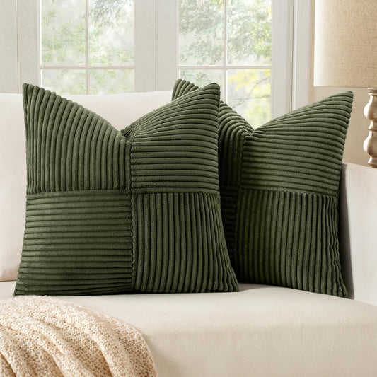 MIULEE 24x24 inch Euro Olive Green Corduroy Pillow Covers Pack of 2 Boho Decorative Spliced Throw Pillow Covers Soft Solid Couch Pillowcases Cross Patchwork Textured Cushion Covers for Living Room
