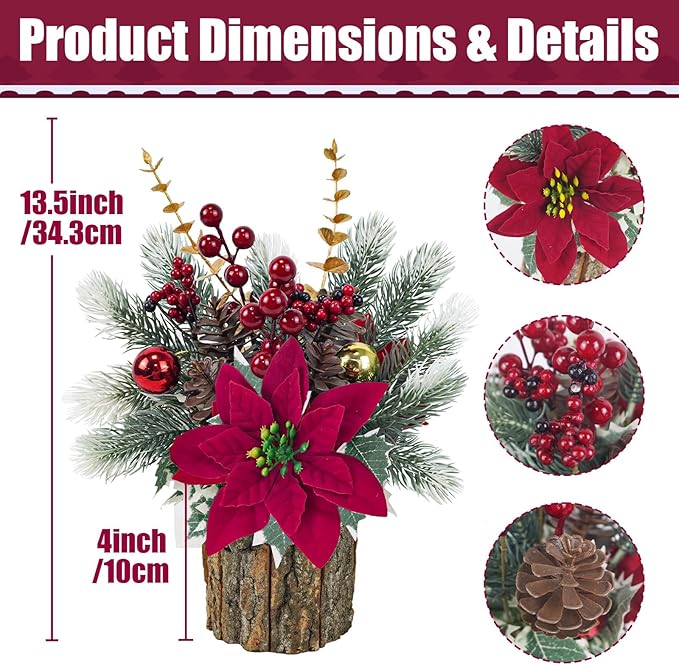 TORONTOKYO Small Christmas Plants Artificial with Wooden Pot, 13inch Mini Tabletop Christmas Tree with Red Poinsettia, Berries and Pine Cones for Home Desk Office Indoor Xmas Decor