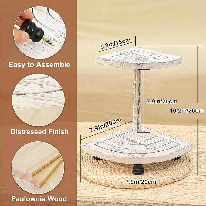 Tikea Decorative Wood Risers for Display, 2-Pack Farmhouse Corner Shelf for Kitchen Bathroom Counter Decor, Farmhouse Risers for Soap Dispenser, Decorations and Plant (White)