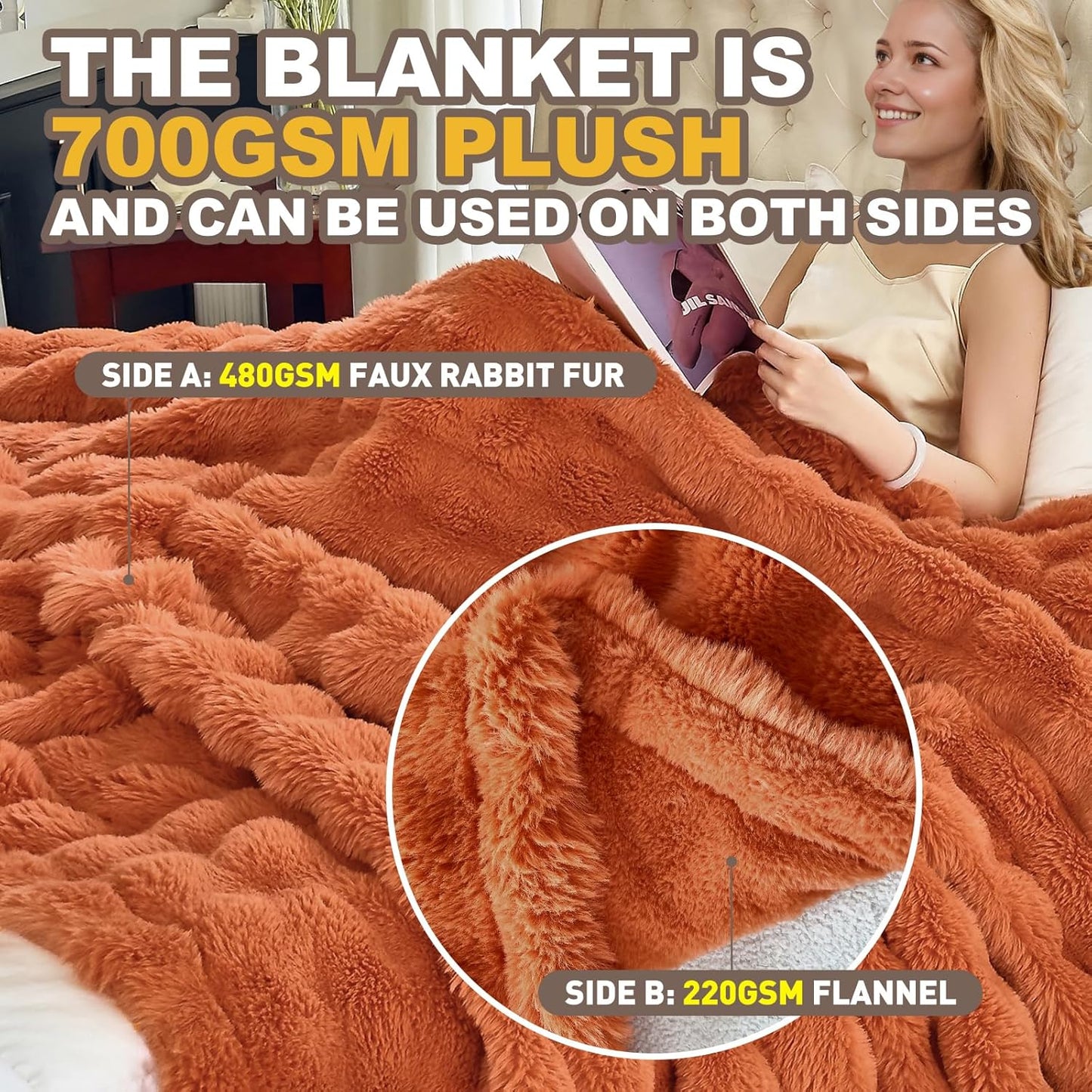 Faux Fur Caramel Orange Throw Blanket for Couch - Super Soft Heavy Flufyy Thick Bubble Throw Blankets for Bed Bedroom Living Room Farmhouse Sofa Chair Fall Winter Warm, 50x60 Inch