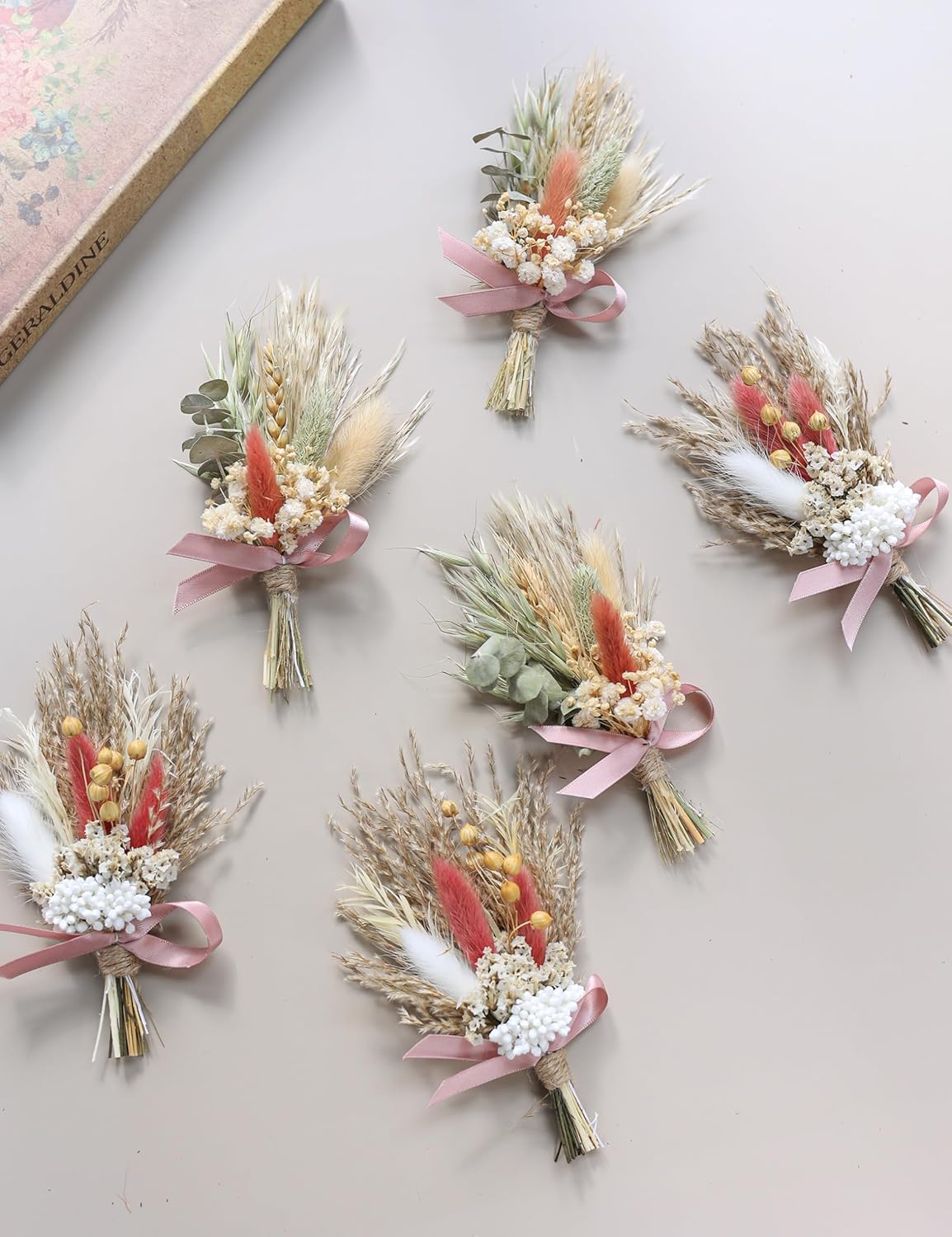 Mini Dried Flower Bouquet (Pack of 6) Suitable for wedding party dinner plate decoration, small dried flowers for crafts, birthday cake bridesmaid gift box, envelope decoration.(Dark Orange)