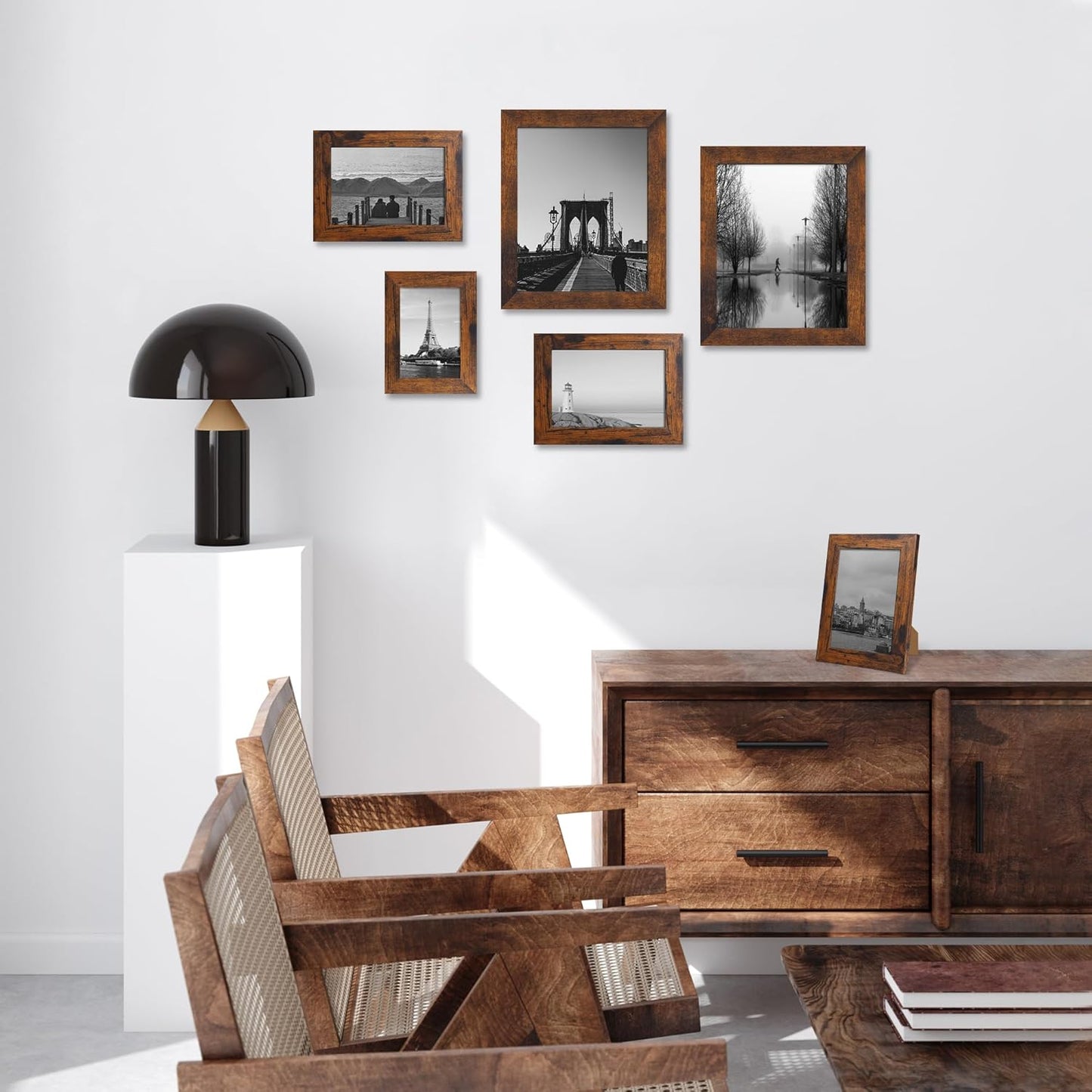 iRahmen 5x7 Picture Frame Set of 4, High Definition Glass 5 x 7 Frame, Wood Rustic Photo Frames for Horizontal or Vertical Display Tabletop and Wall Mounting, Dark Brown