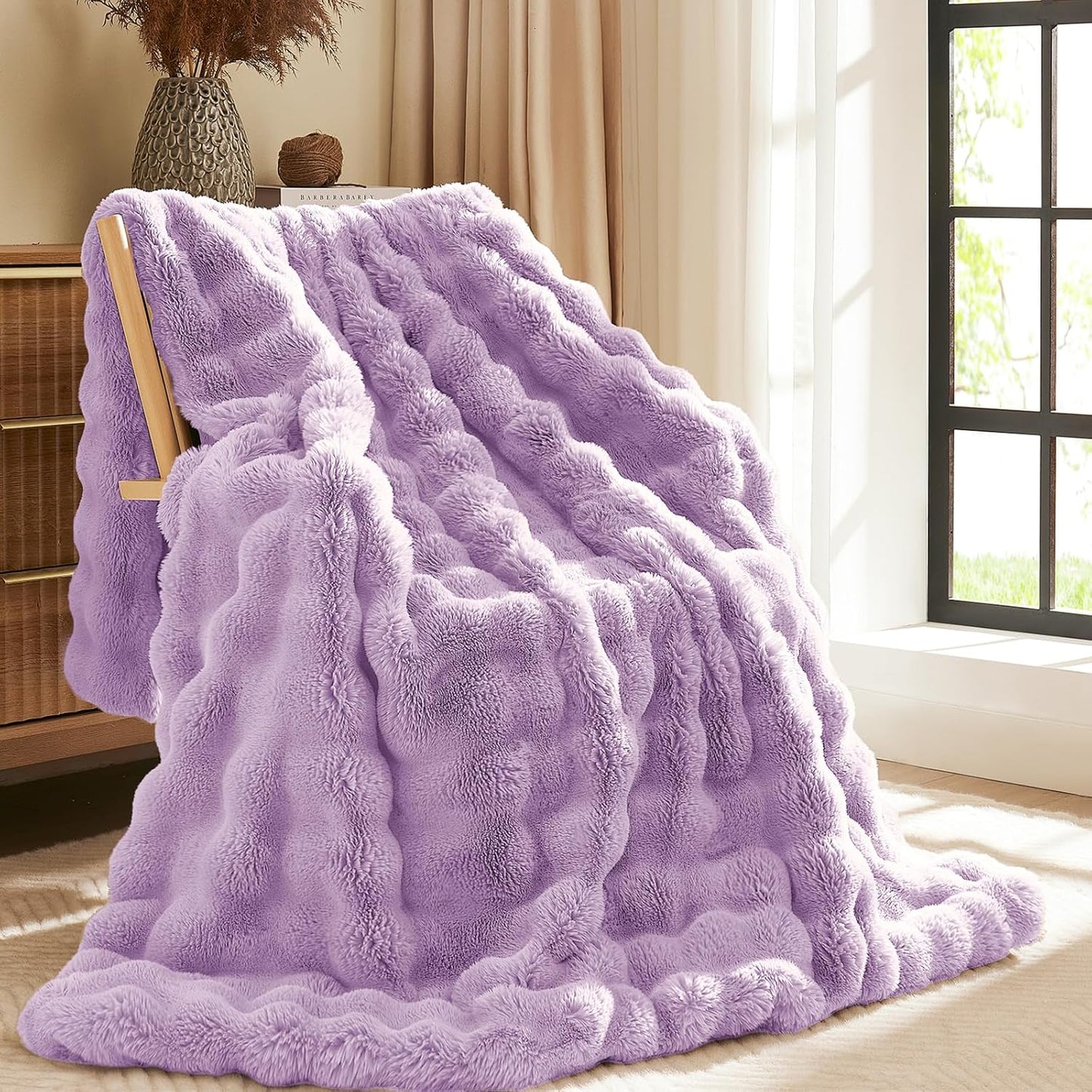 L'AGRATY Faux Fur Throw Blanket: 60" x 80" Luxury Soft Fluffy Rabbit Fur Blankets Twin for Couch Bed Sofa - Cozy Plush Bubble Blankets for Winter: Flannel Fleece Decorative Blanket(Purple)