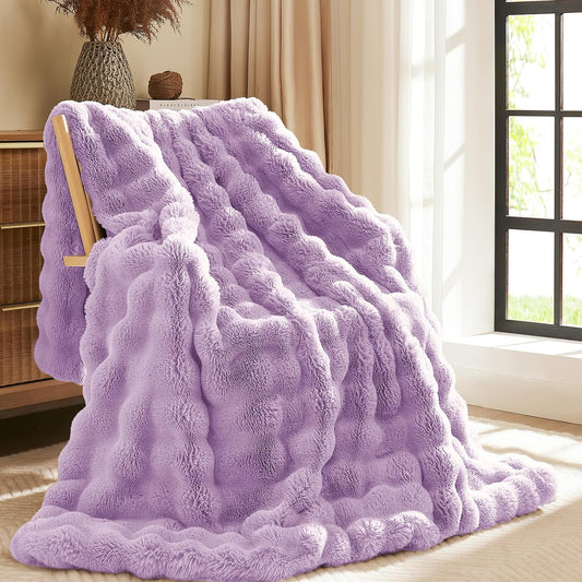 L'AGRATY Faux Fur Throw Blanket: 50" x 60" Luxury Soft Fluffy Rabbit Fur Blankets Twin for Couch Bed Sofa - Cozy Plush Bubble Blankets for Winter: Flannel Fleece Decorative Blanket(Purple)