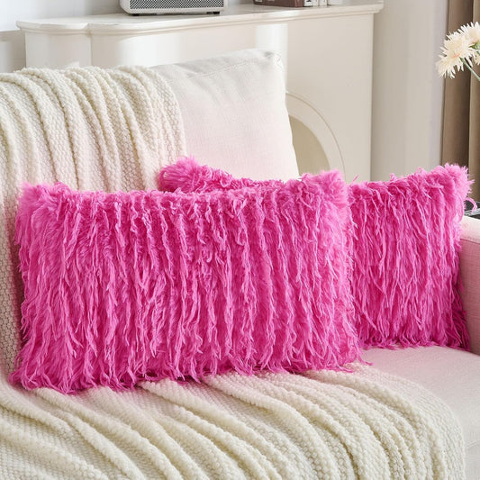 FUTEI Hot Pink Decorative Throw Pillow Covers 12x20 Inch Set of 2,Soft Fluffy Faux Feather Texture Lumbar Pillow Cases,Modern Home Luxury Decor for Couch Bed Living Room