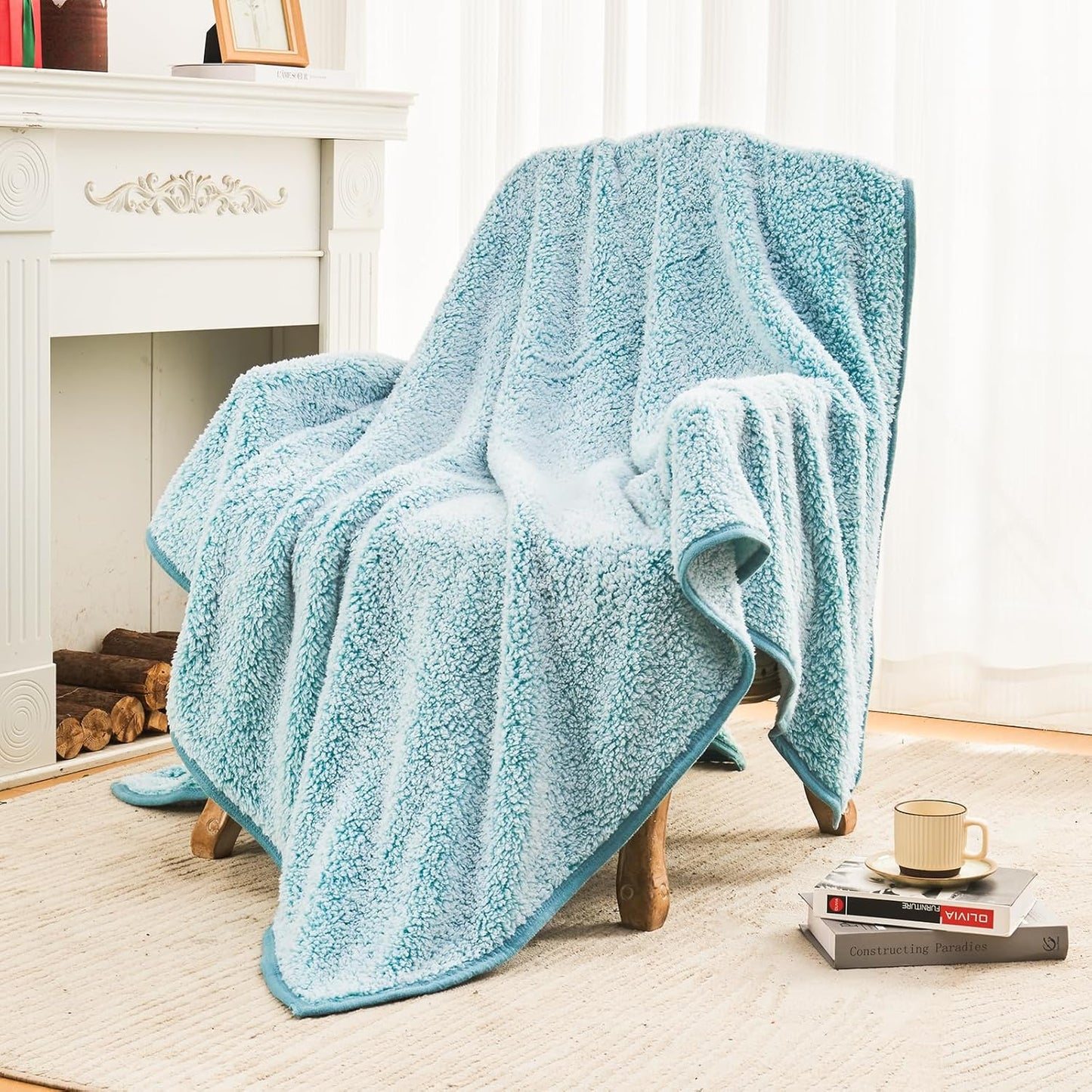 EMME Soft Sherpa Fleece Blanket Reversible Plush Fluffy Large Blanket, Light Weight Warm Decorative Boho Blanket Cover for Sofa, Couch, Bedroom,Travel(Plush Teal,60"x80")