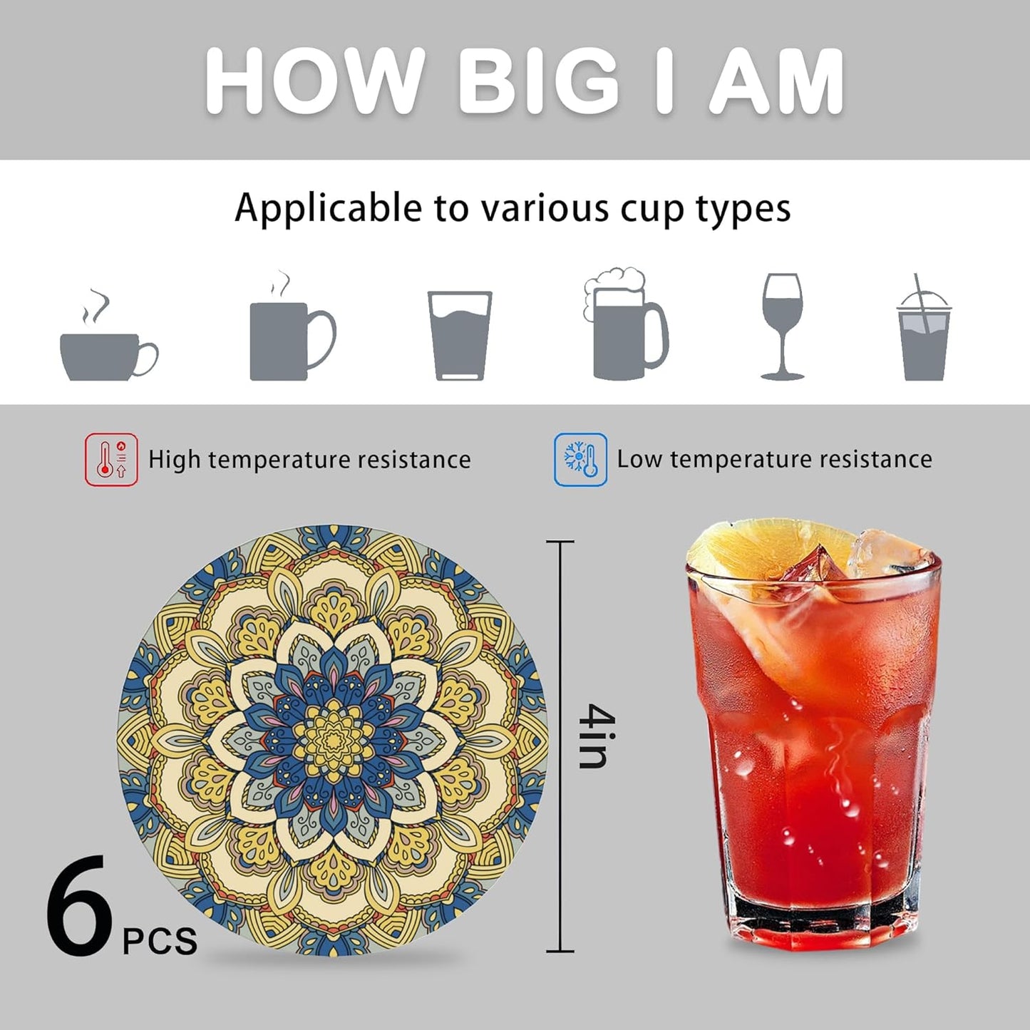 Mandala Set of 6 Coasters for Drinks Absorbing Round Ceramic Stone Coaster with Cork Base,Tabletop Protection Mat for Mugs and Cups,Office,Kitchen