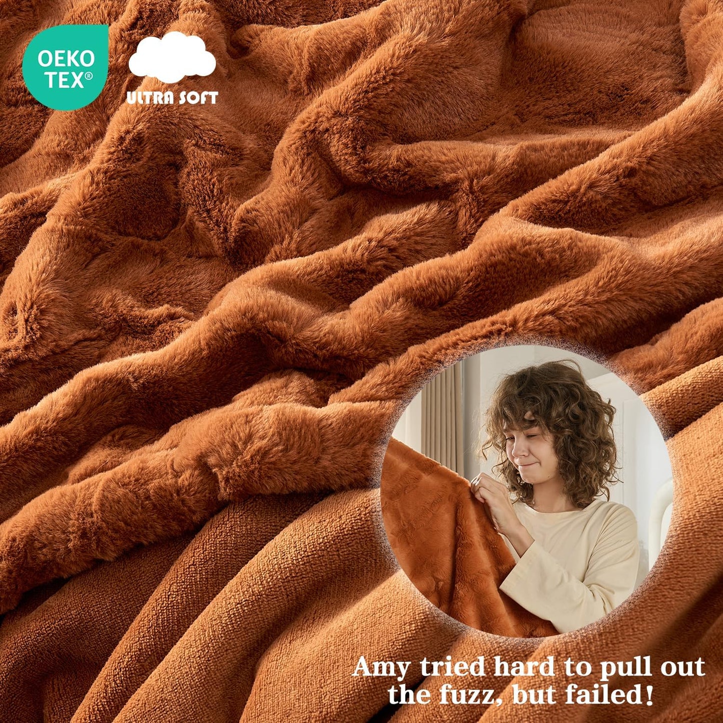 Krifey Burnt Orange Faux Fur Blanket for Queen Size Bed, 3D Marble Texture Soft Cozy Fuzzy Plush Thick Fall Blanket, Birthday for Women Mom Girlfriend, Camel, 90x90in