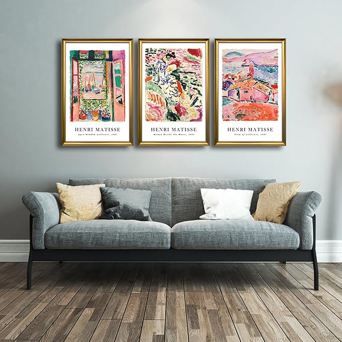 Wieco Art Framed Wall Art 3 Piece Henri Mattise Art Abstract Colorful Matisse Posters Canvas Prints for Wall and Home Office Decorations Bronze Gold Frame