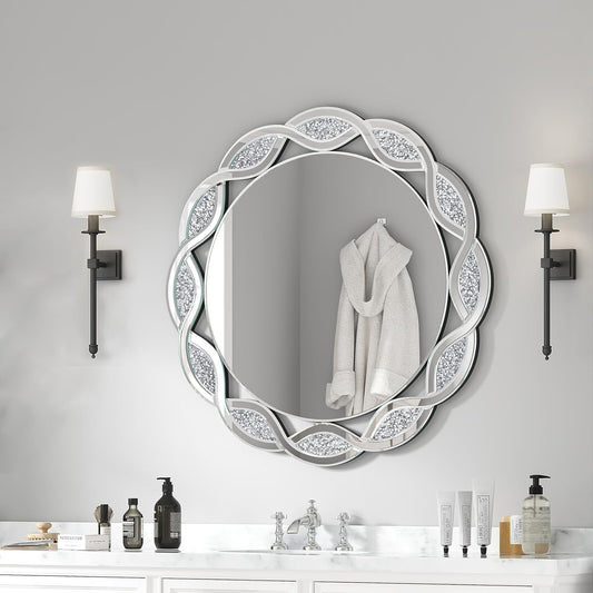 Crystal Decorative Mirror-32 x32 Gorgeous Silver Mirror Crush Diamond Mirror for Wall Decoration Bedroom Bathroom Dining Room and Living Room