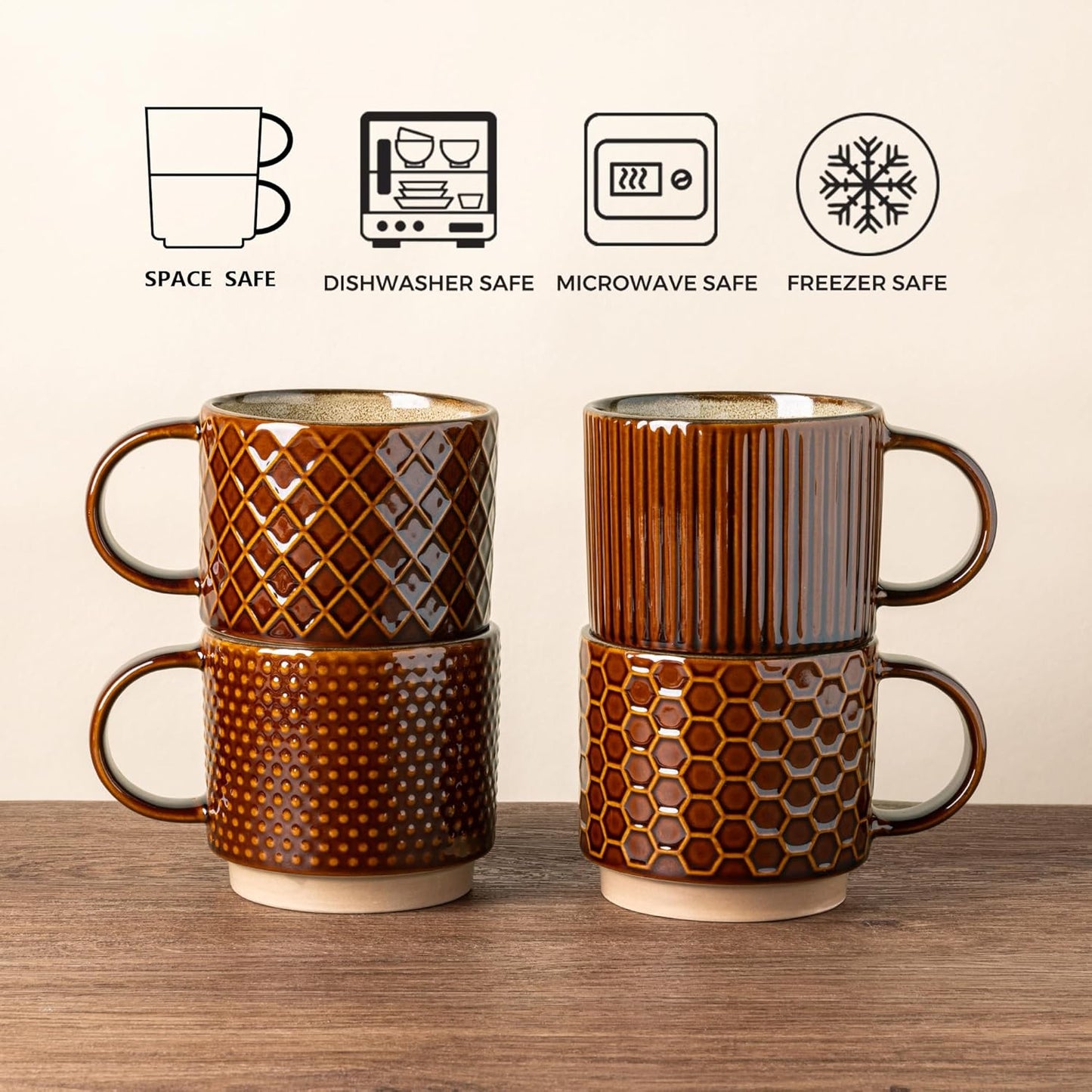 GBHOME 12 OZ Stackable Coffee Mugs, Ceramic Coffee Cups with Texture Patterns for Man,Woman,Dad,Mom, Modern Mugs Set of 4 for Latte/Cappuccino/Cocoa. Dishwasher&Microwave Safe